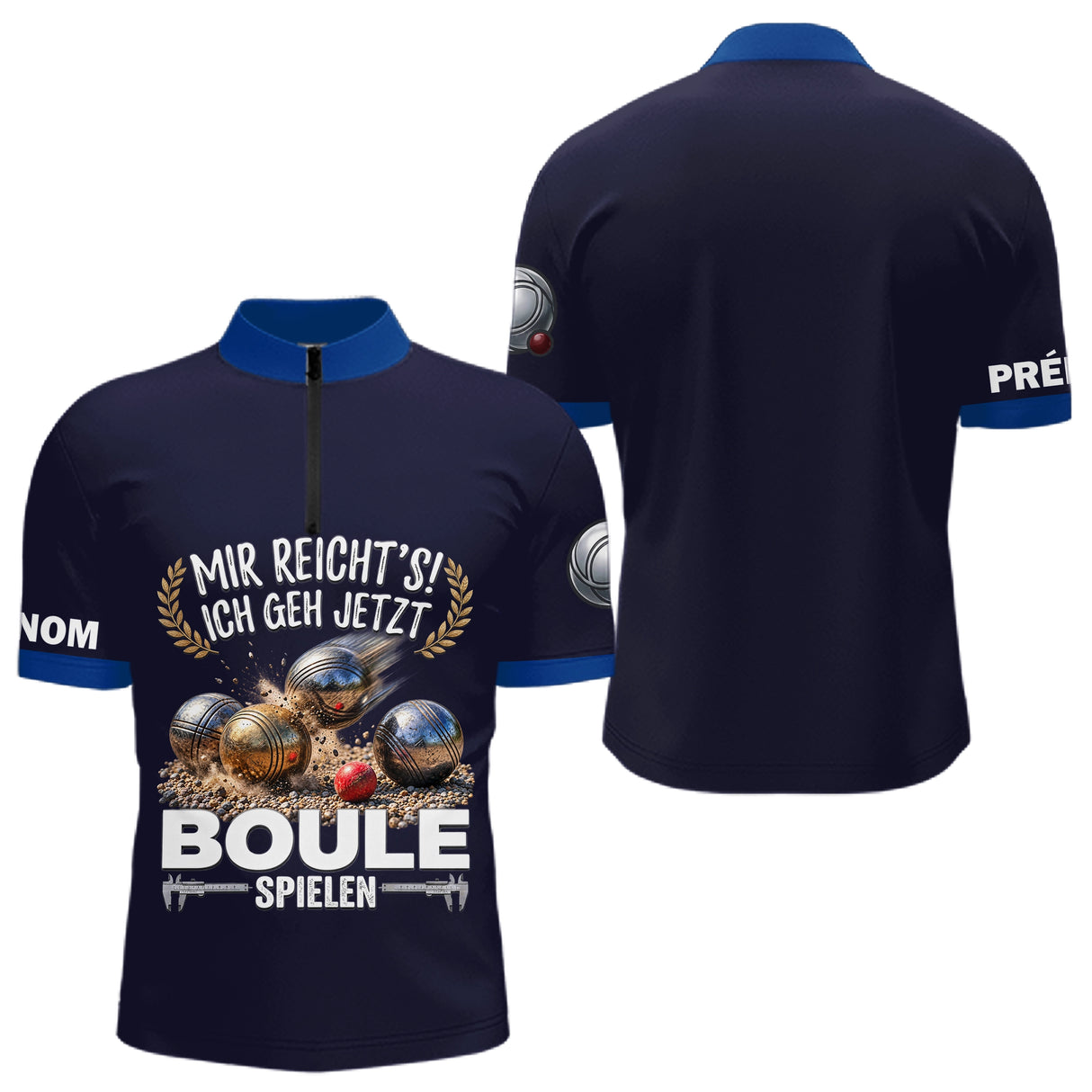 Polo Pétanque Imprimé 3D - Personnalisé Bleu Marine - Polo Zippé Homme