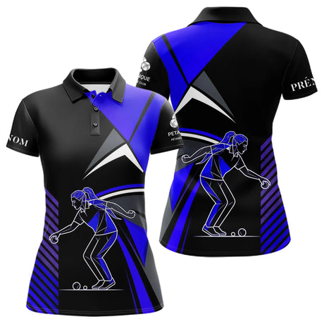 Polo Pétanque Imprimé Bleu & Noir - Cadeau Boule Homme Femme - Polo Femme