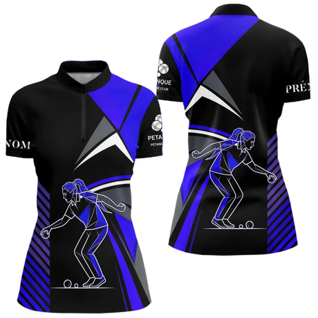 Polo Pétanque Imprimé Bleu & Noir - Cadeau Boule Homme Femme - Polo Zippé Femme