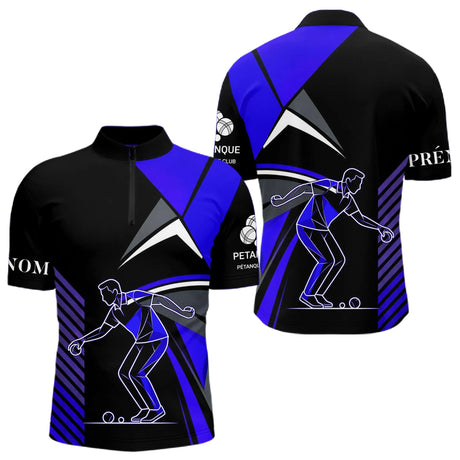 Polo Pétanque Imprimé Bleu & Noir - Cadeau Boule Homme Femme - Polo Zippé Homme