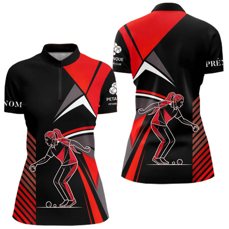 Polo Pétanque Imprimé Rouge & Noir - Cadeau Boule Homme Femme - Polo Zippé Femme