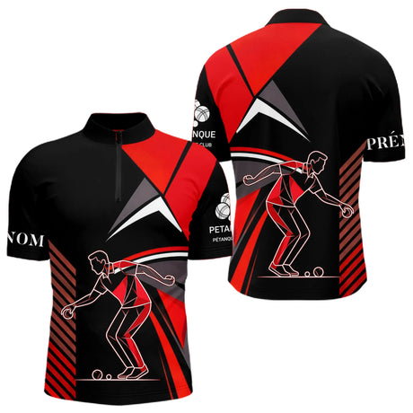 Polo Pétanque Imprimé Rouge & Noir - Cadeau Boule Homme Femme - Polo Zippé Homme