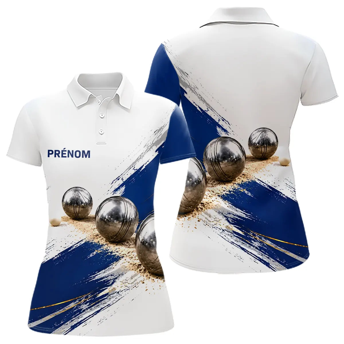 Polo Pétanque Inox & Cochonnet Bleu - Motif Pinceau Prénom - Polo Femme
