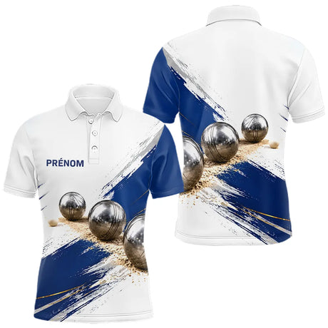 Polo Pétanque Inox & Cochonnet Bleu - Motif Pinceau Prénom - Polo Homme