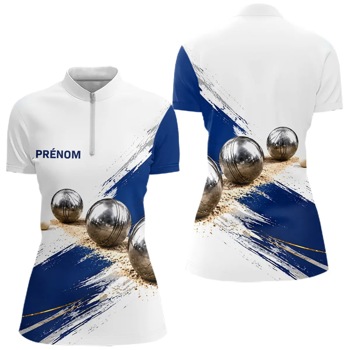 Polo Pétanque Inox & Cochonnet Bleu - Motif Pinceau Prénom - Polo Zippé Femme