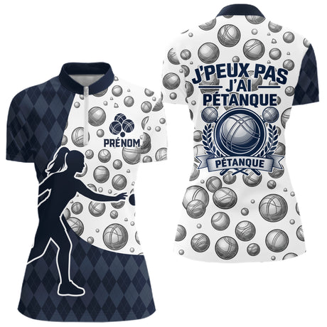 Polo Pétanque J'peux Pas Bleu - Boules Homme et Femme - Polo Zippé Femme
