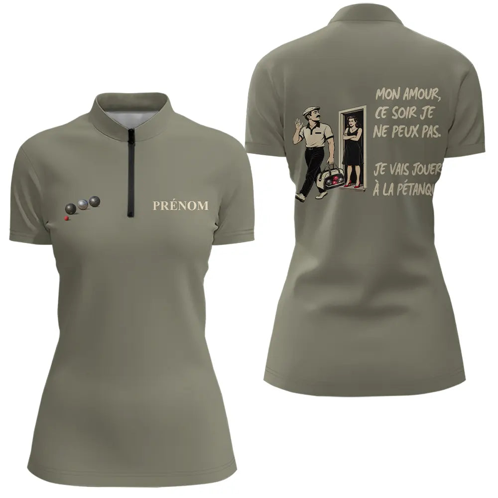 Polo Pétanque Kaki Personnalisé Humour - Homme Femme - Polo Zippé Femme