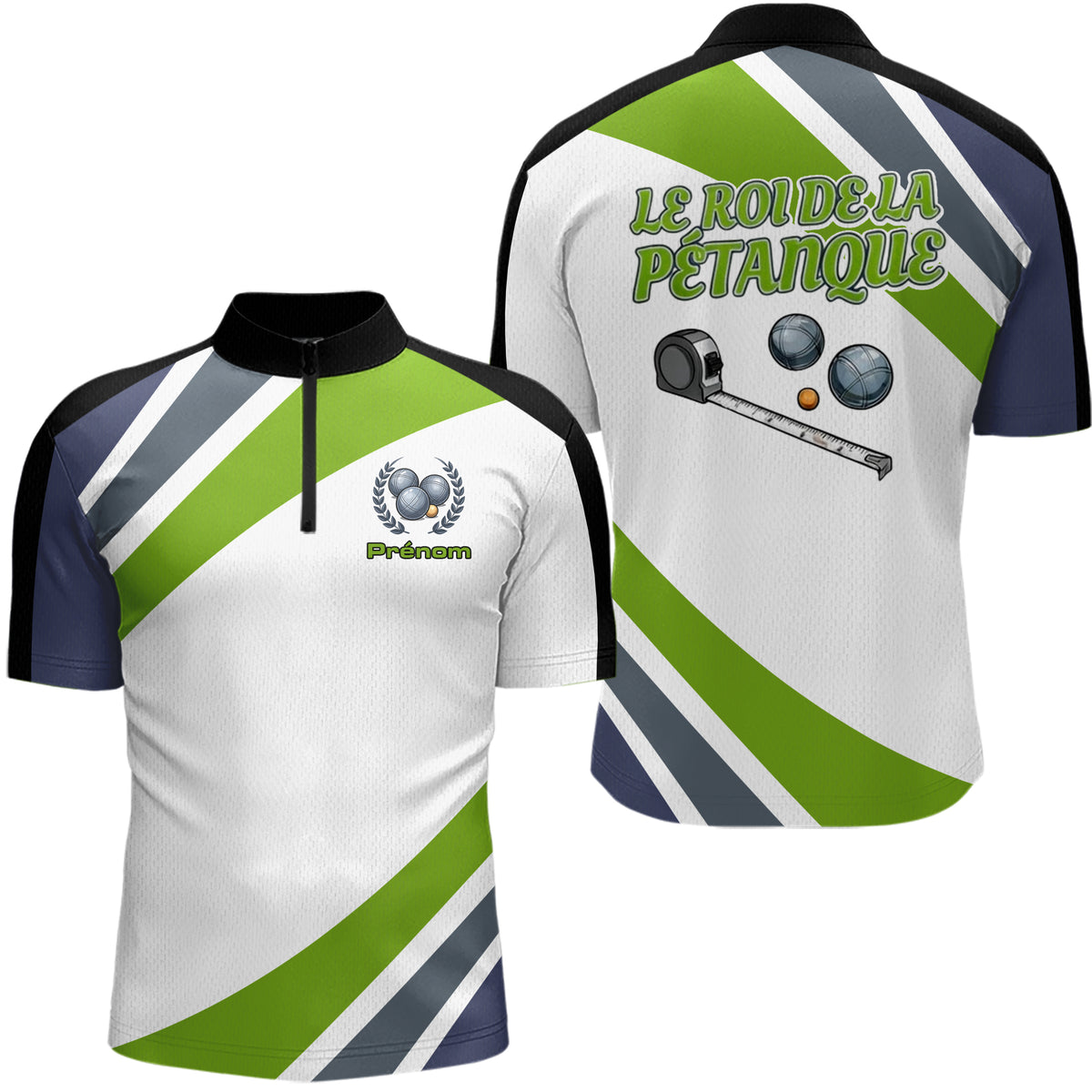 Polo Pétanque Le Roi Vert et Blanc - Personnalisé & Unique Boules - Polo Zippé Homme