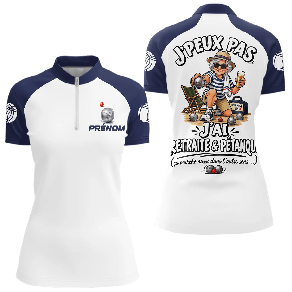 Polo Pétanque Marine & Blanc - Humour Retraite Personnalisé - Polo Zippé Femme