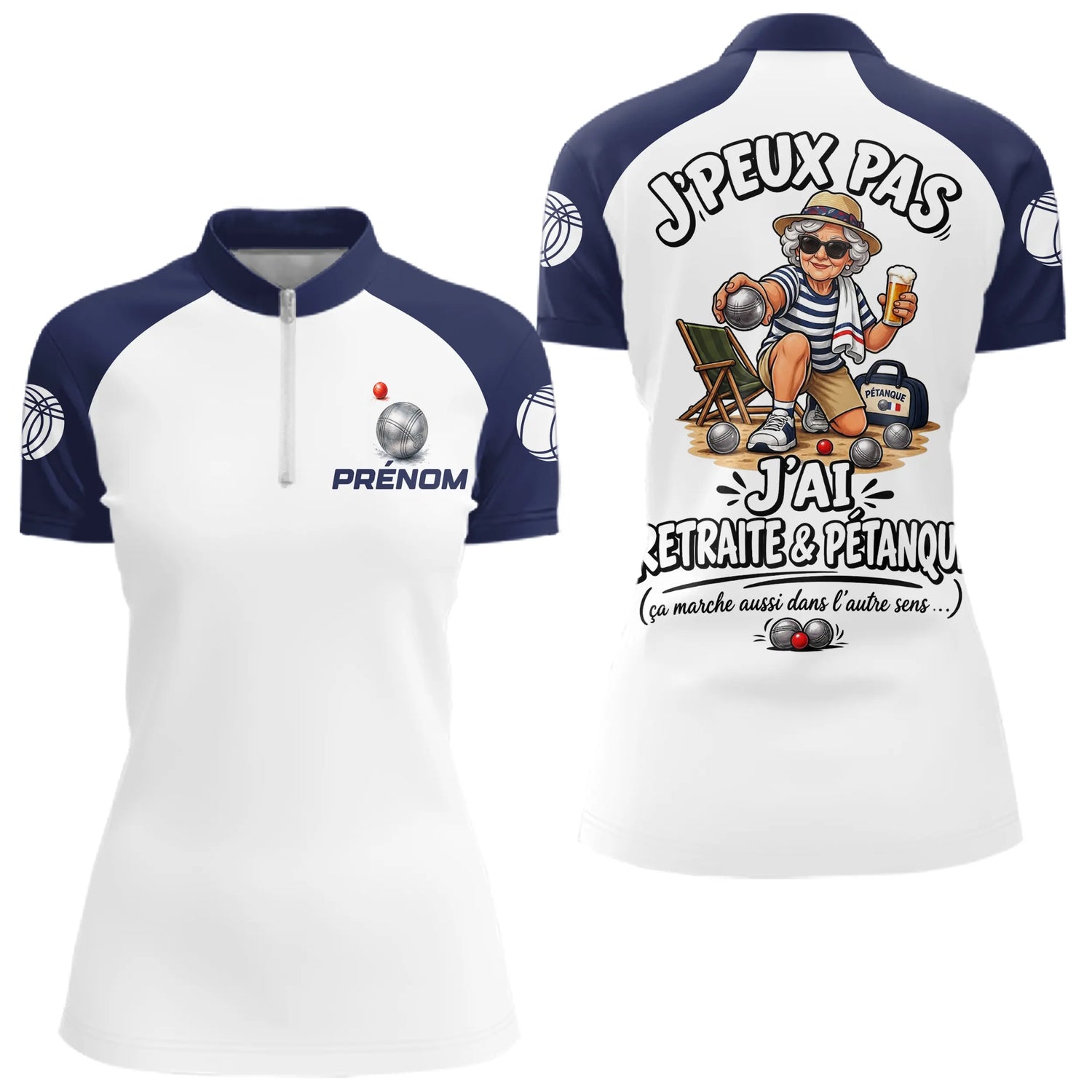 Polo Pétanque Marine & Blanc - Humour Retraite Personnalisé - Polo Zippé Femme