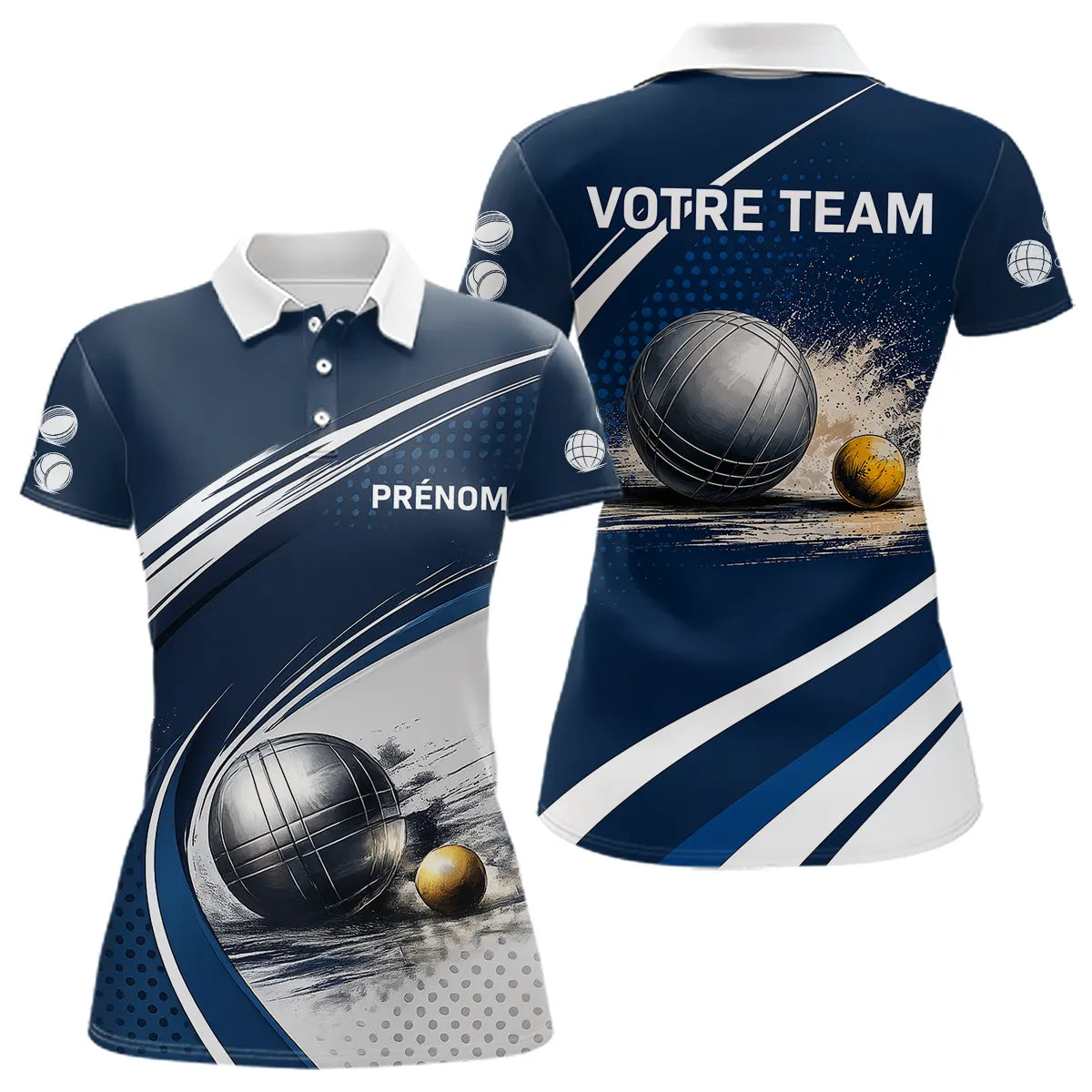 Polo Pétanque Marine & Blanc Personnalisable - Équipe & Prénom - Polo Femme