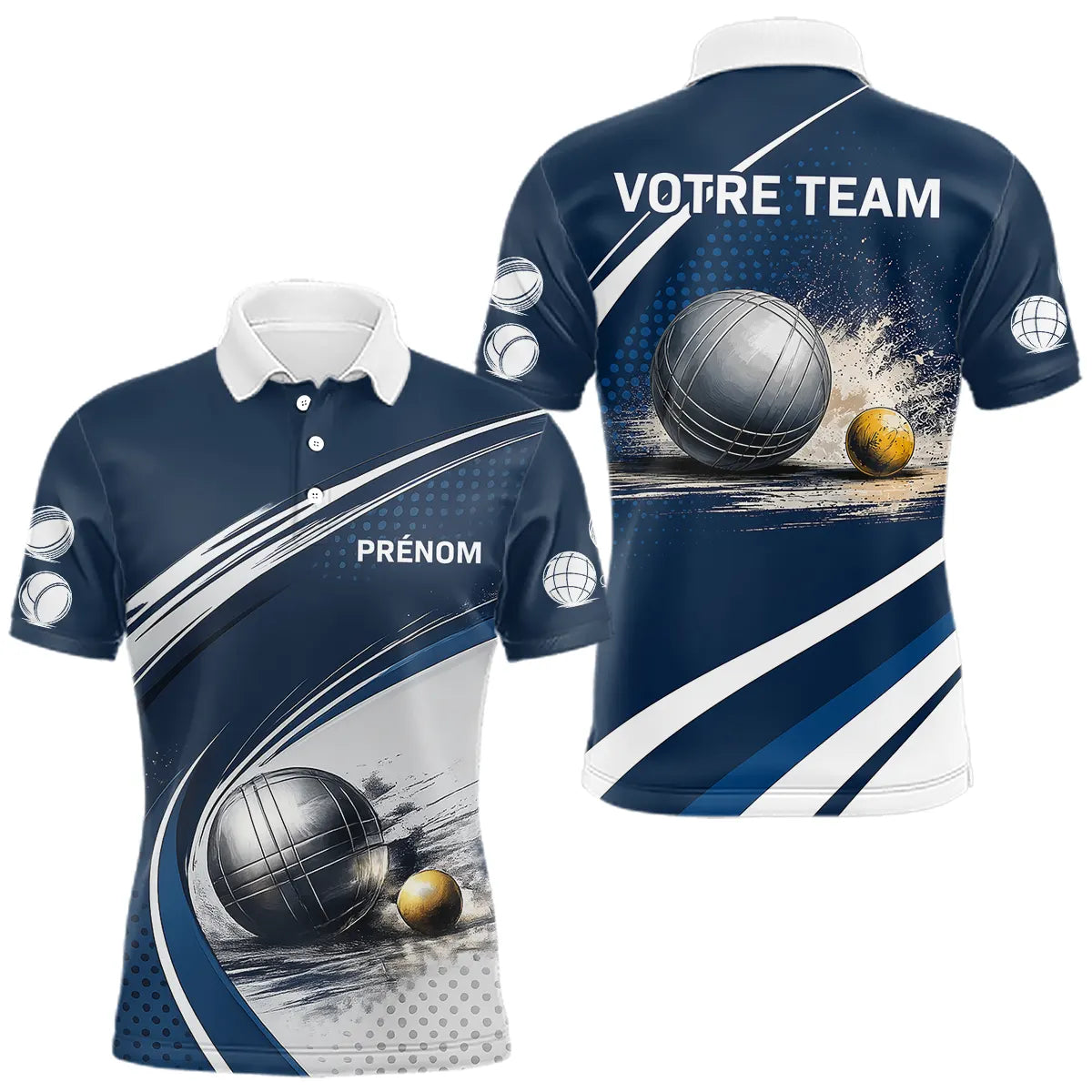 Polo Pétanque Marine & Blanc Personnalisable - Équipe & Prénom - Polo Homme
