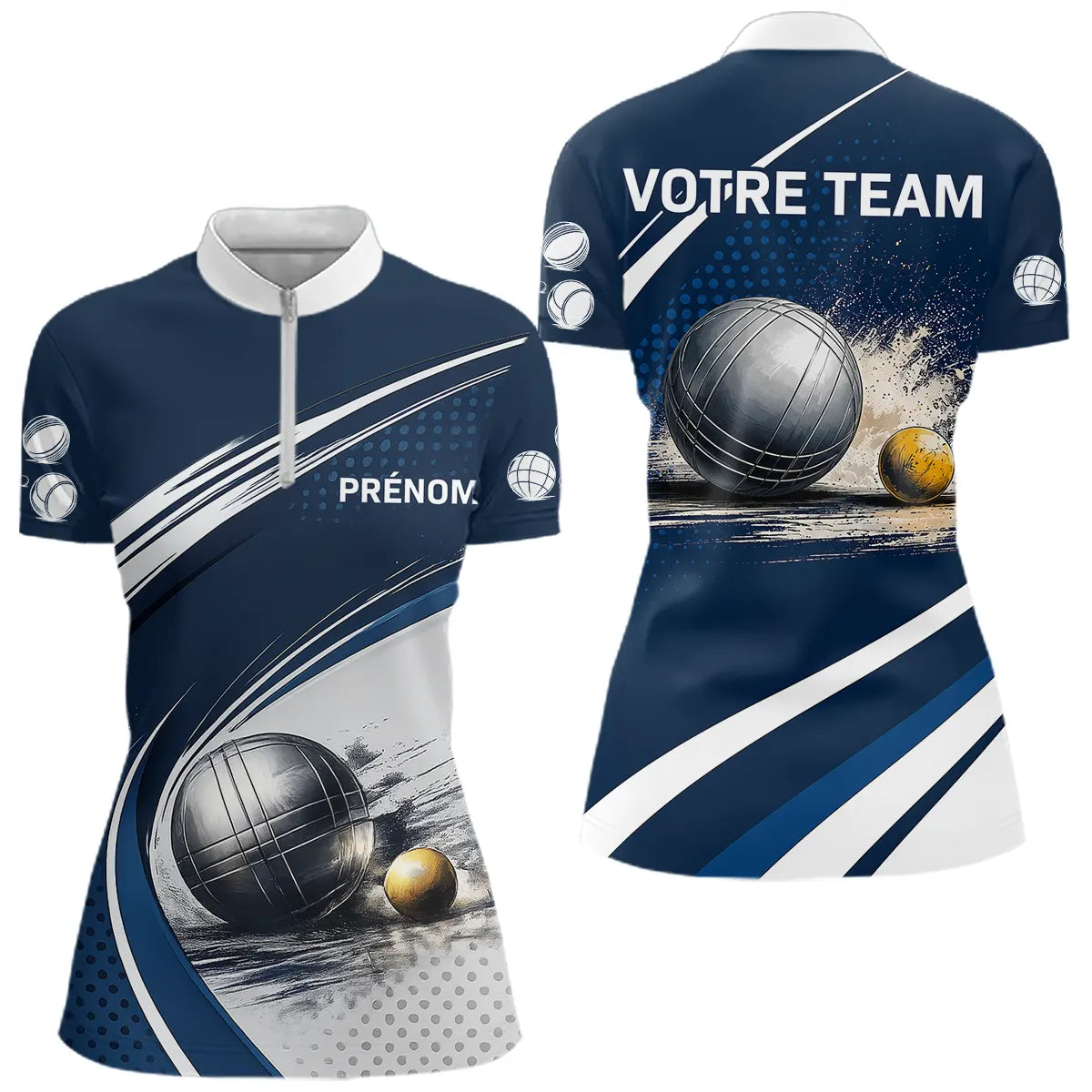 Polo Pétanque Marine & Blanc Personnalisable - Équipe & Prénom - Polo Zippé Femme