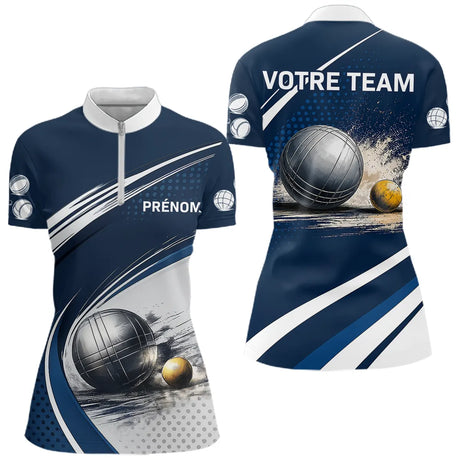 Polo Pétanque Marine & Blanc Personnalisable - Équipe & Prénom - Polo Zippé Femme