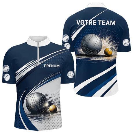 Polo Pétanque Marine & Blanc Personnalisable - Équipe & Prénom - Polo Zippé Homme