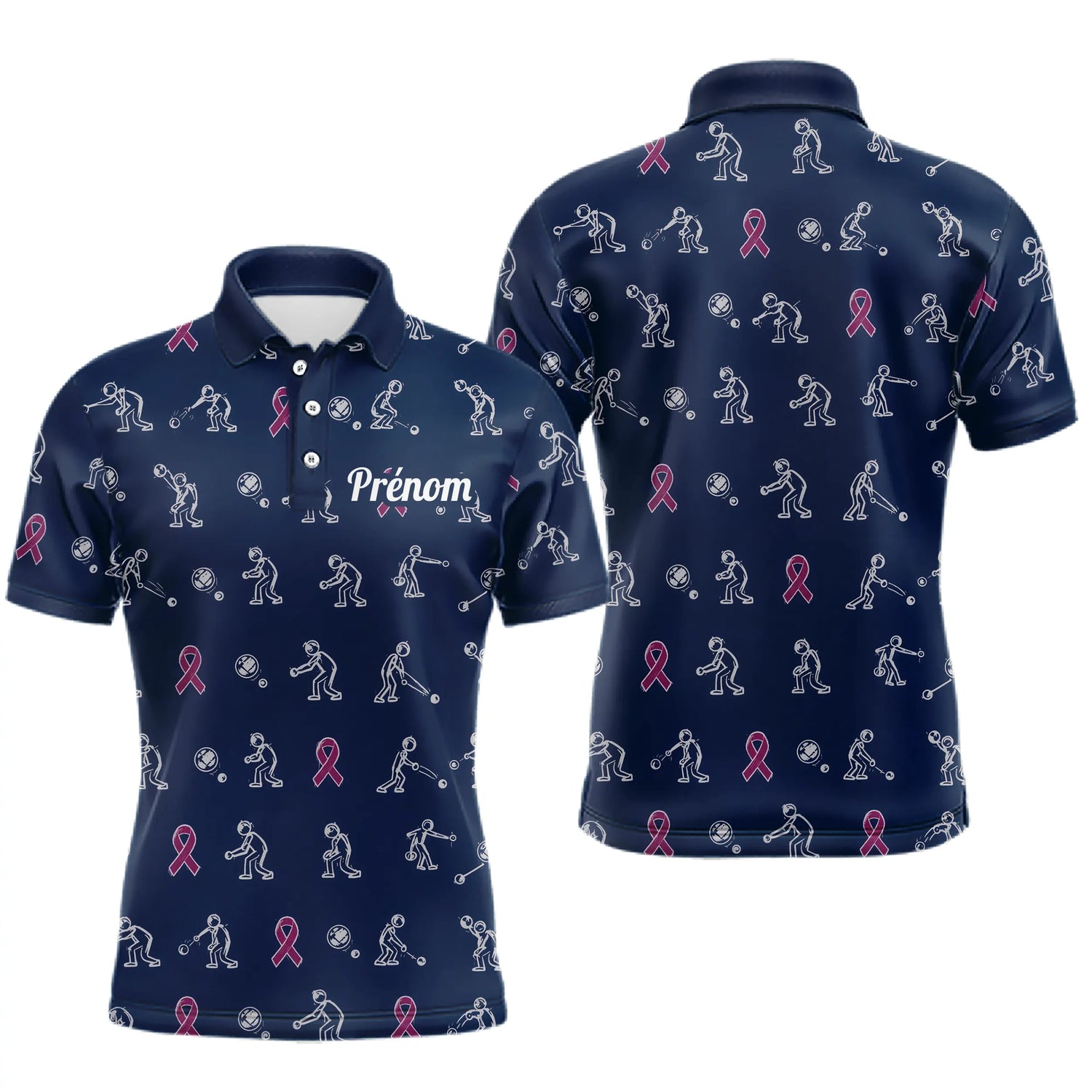 Polo Pétanque Marine Rose Personnalisé - Ruban Joueur Boules - Polo Homme