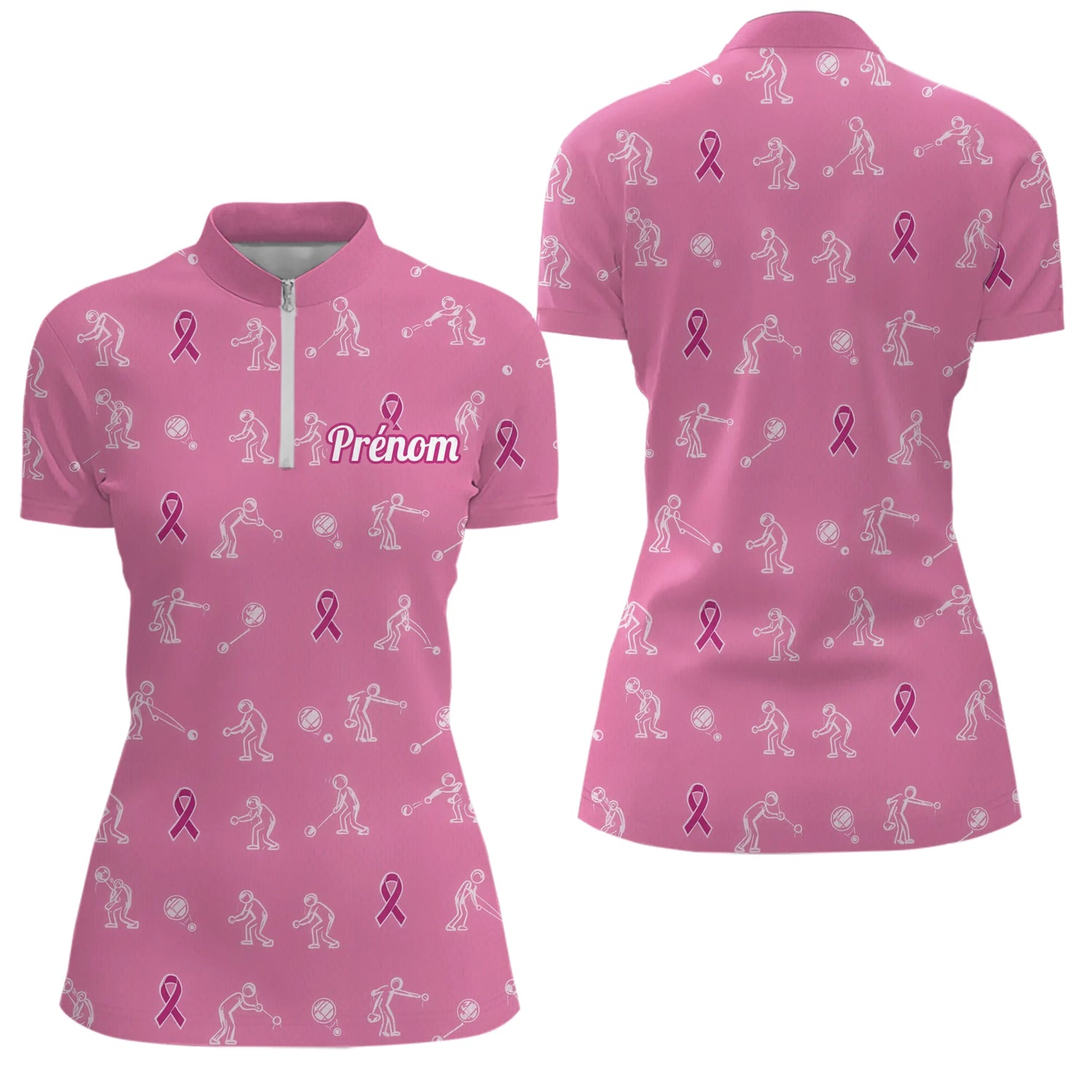 Polo Pétanque Marine Rose Personnalisé - Ruban Joueur Boules - Polo Zippé Femme