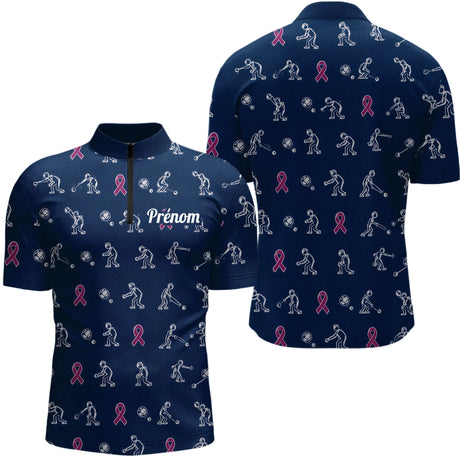 Polo Pétanque Marine Rose Personnalisé - Ruban Joueur Boules - Polo Zippé Homme