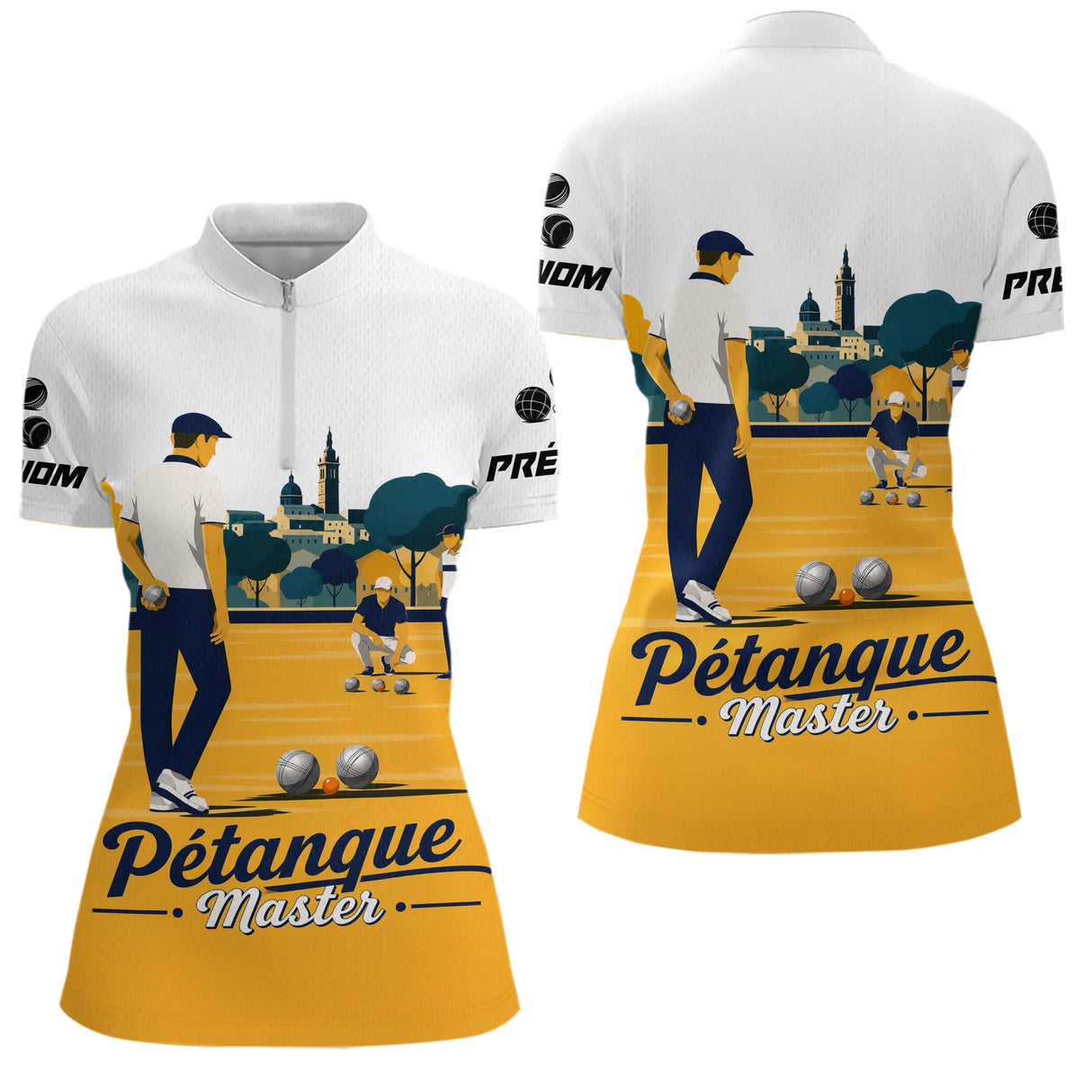 Polo Pétanque Master Personnalisé - Jaune Blanc Boulodrome - Polo Zippé Femme