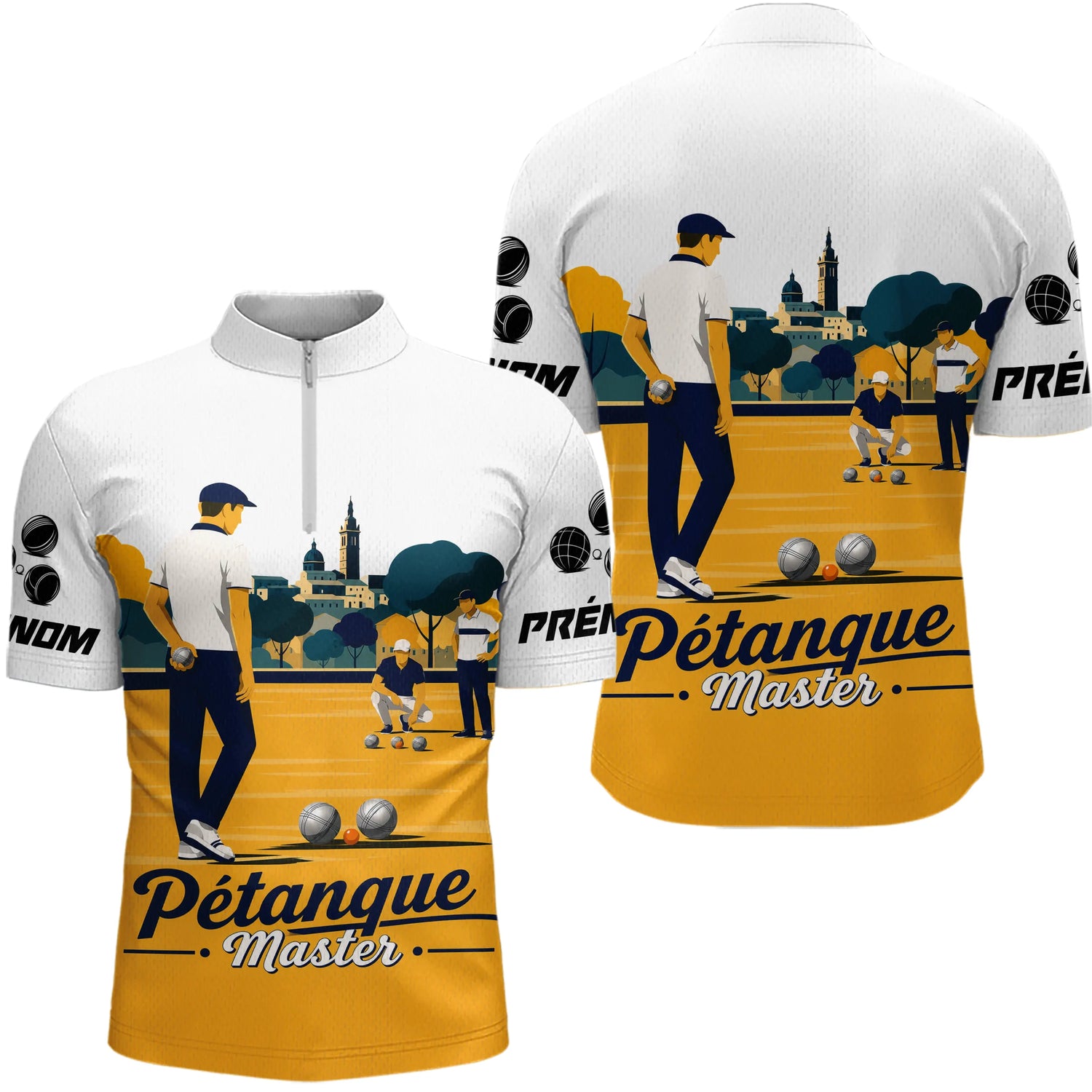 Polo Pétanque Master Personnalisé - Jaune Blanc Boulodrome - Polo Zippé Homme