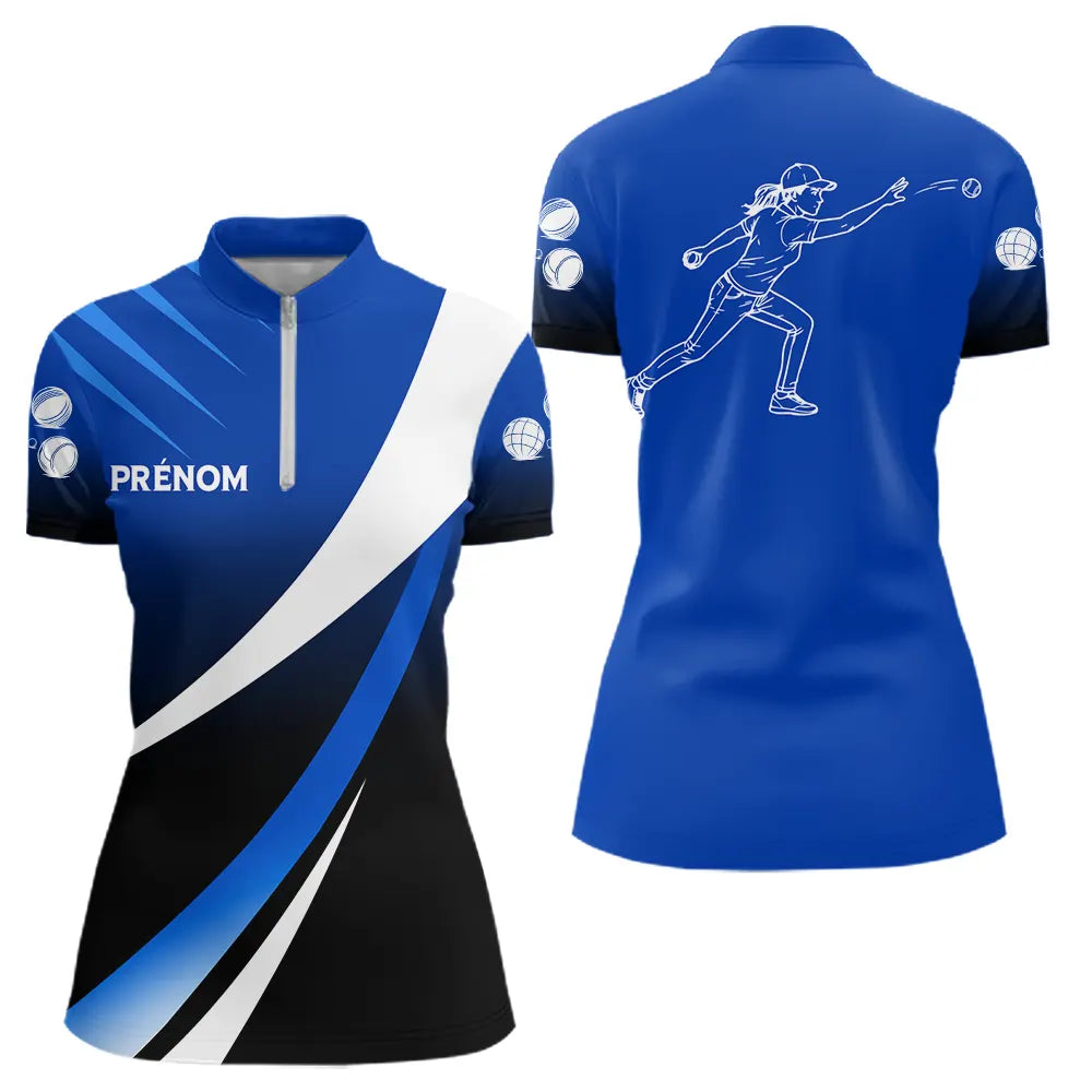 Polo Pétanque Moderne Bleu - Élégance & Performance Prénom - Polo Zippé Femme