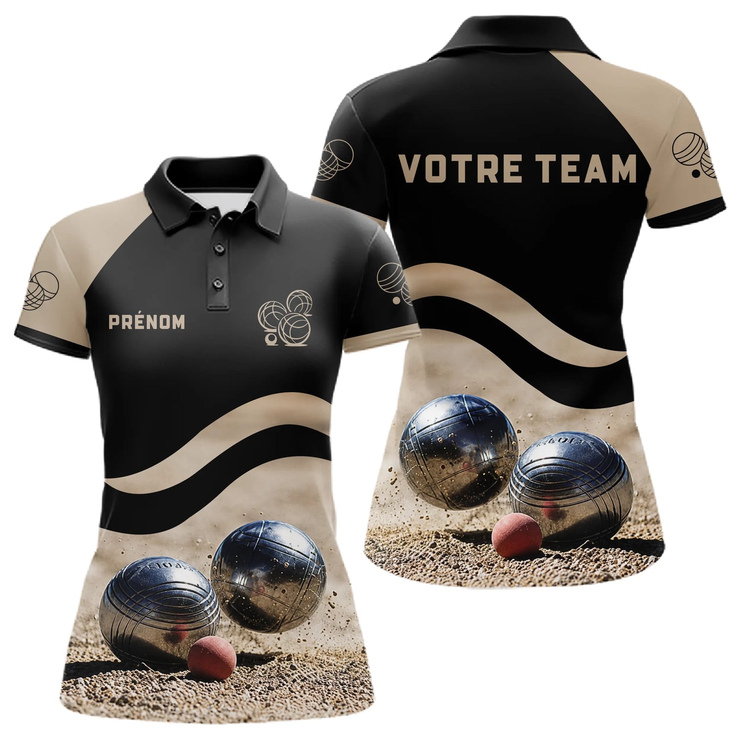 Polo Pétanque Noir Beige - Design Sportif Boules - Polo Femme