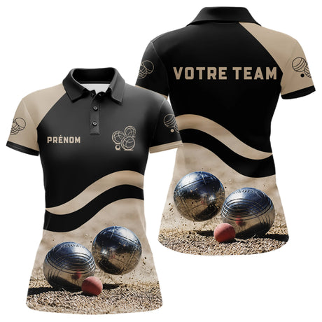 Polo Pétanque Noir Beige - Design Sportif Boules - Polo Femme
