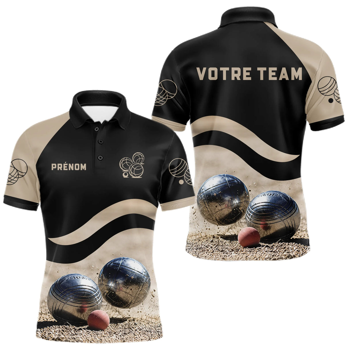 Polo Pétanque Noir Beige - Design Sportif Boules - Polo Homme