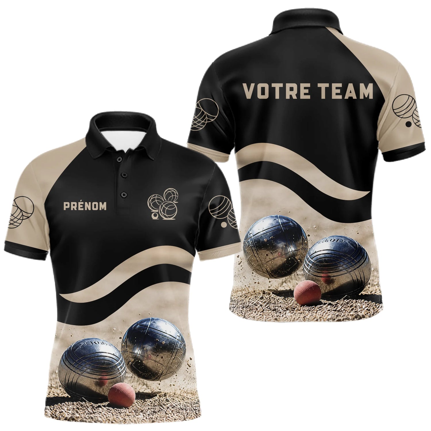 Polo Pétanque Noir Beige - Design Sportif Boules - Polo Homme
