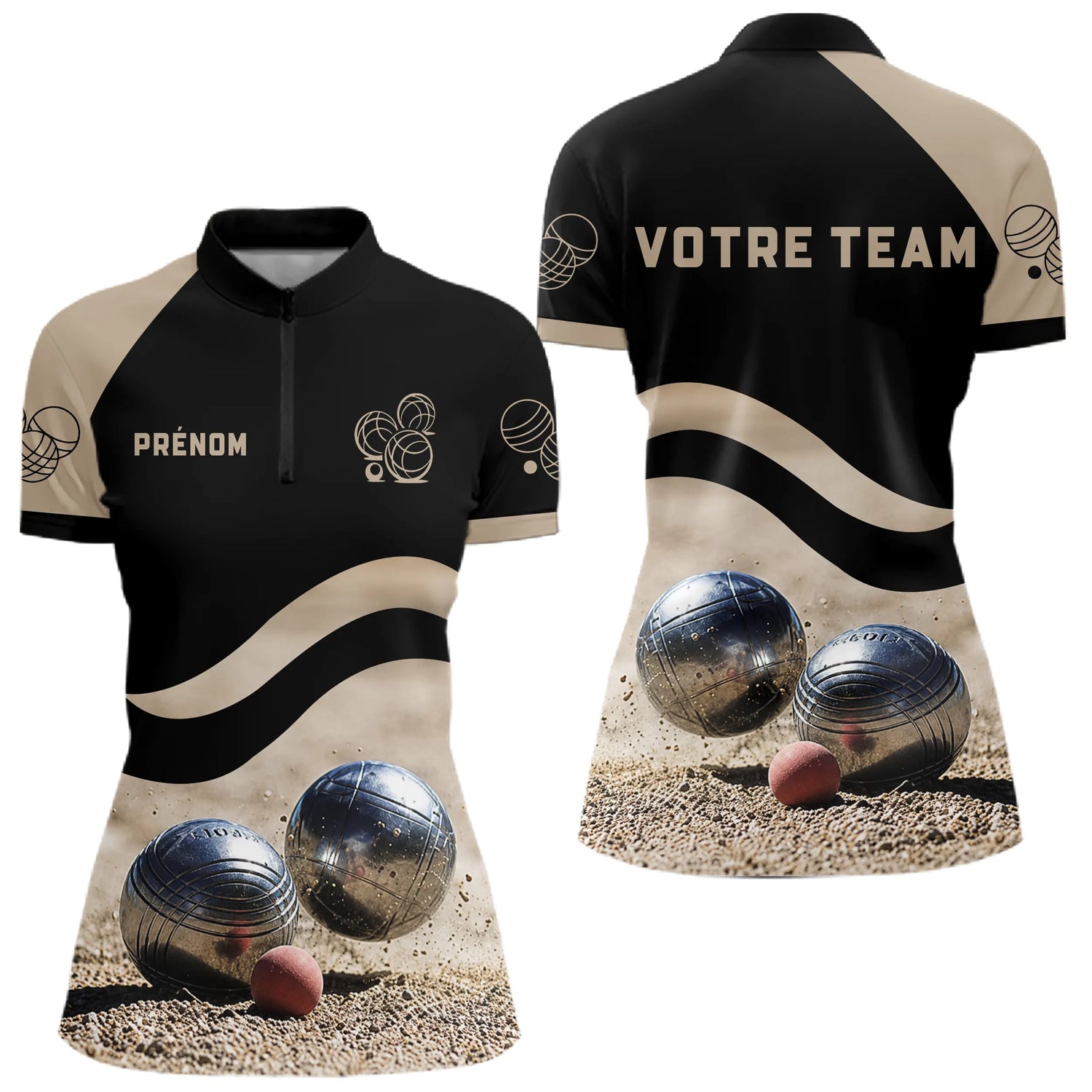 Polo Pétanque Noir Beige - Design Sportif Boules - Polo Zippé Femme