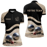 Polo Pétanque Noir Beige - Design Sportif Boules - Polo Zippé Femme