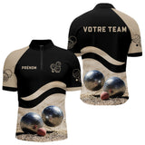 Polo Pétanque Noir Beige - Design Sportif Boules - Polo Zippé Homme