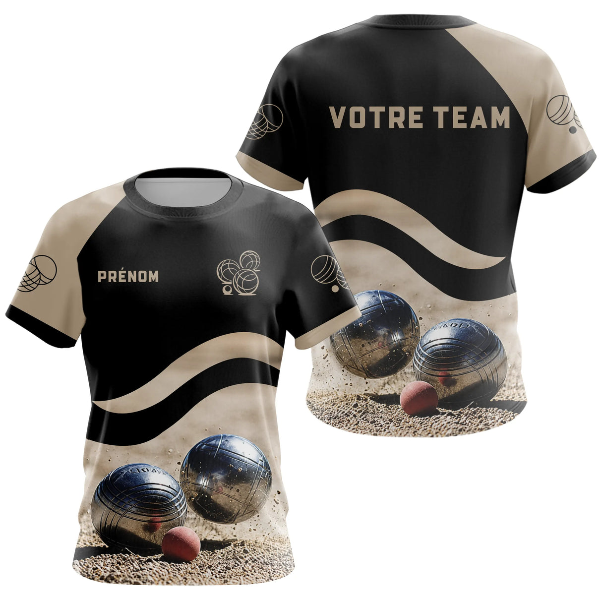 Polo Pétanque Noir Beige - Design Sportif Boules - T-Shirt Femme