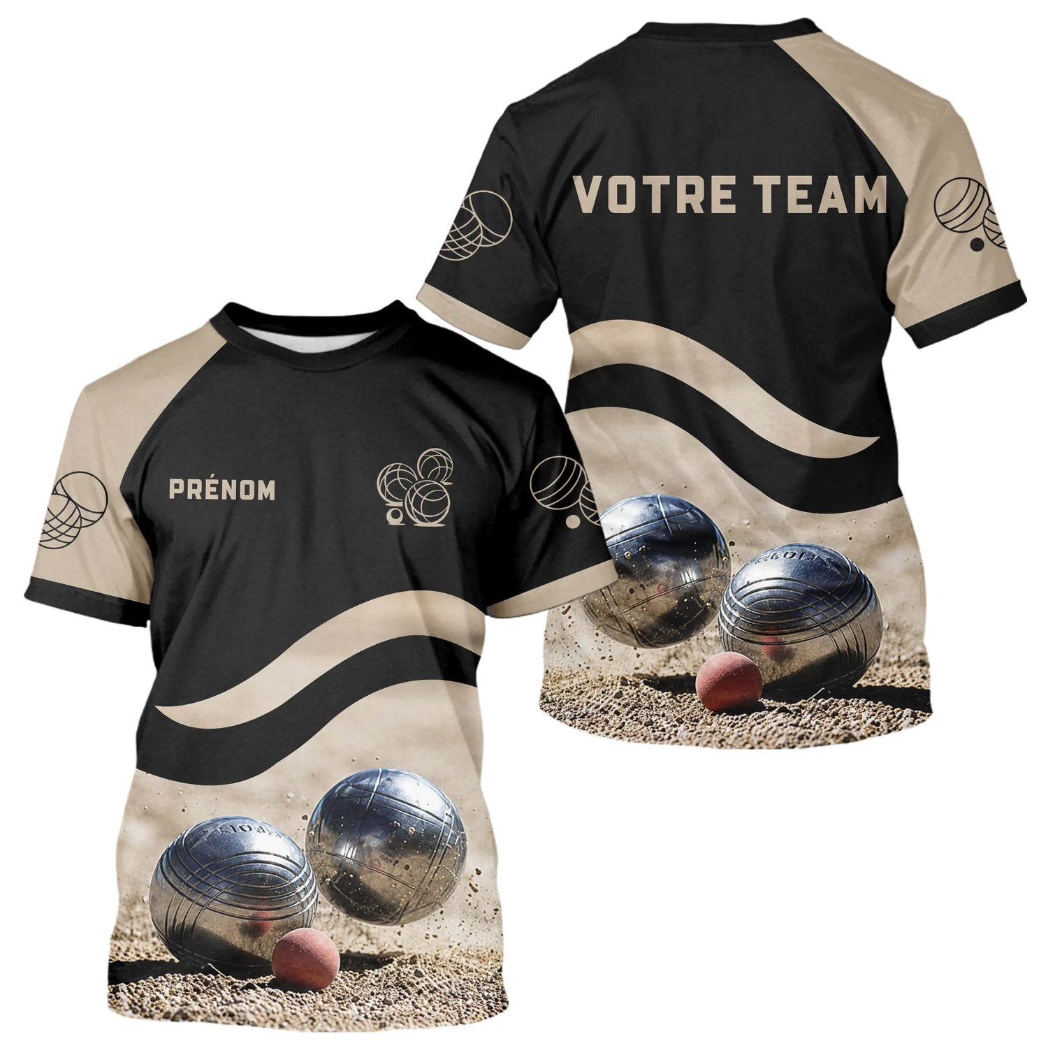 Polo Pétanque Noir Beige - Design Sportif Boules - T-Shirt Homme