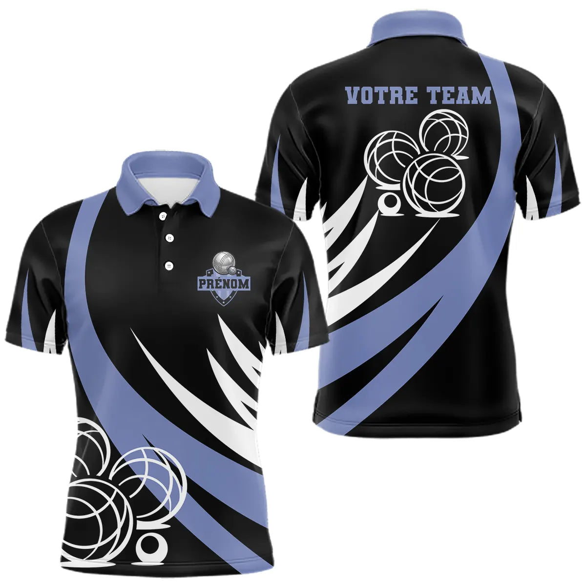 Polo Pétanque Noir Bleu Boules - Prénom & Équipe - Polo Homme