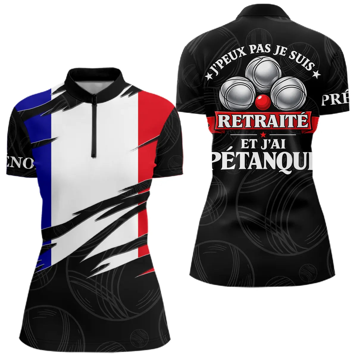 Polo Pétanque Noir Drapeau Français- J'peux Pas Je Suis Retraité - Polo Zippé Femme