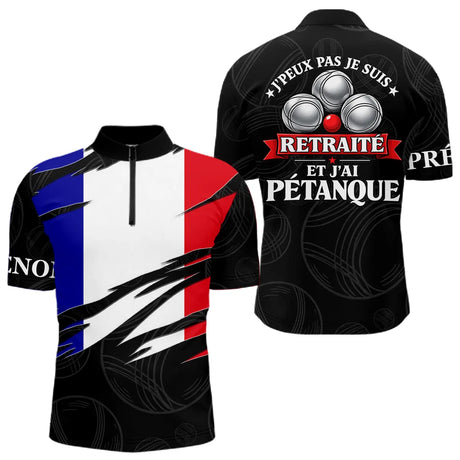 Polo Pétanque Noir Drapeau Français- J'peux Pas Je Suis Retraité - Polo Zippé Homme