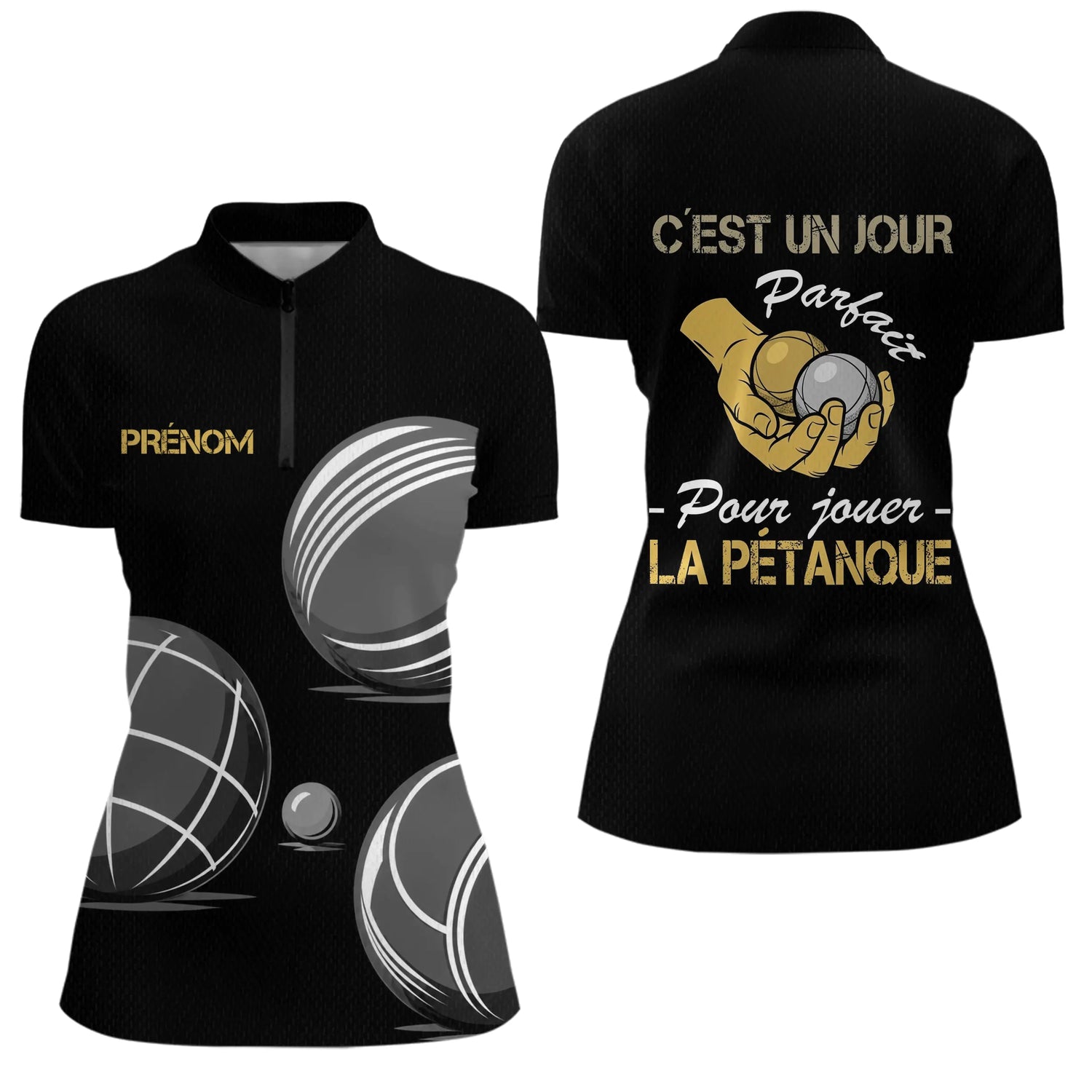 Polo Pétanque Noir Gold - Jour Parfait Personnalisé - Polo Zippé Femme