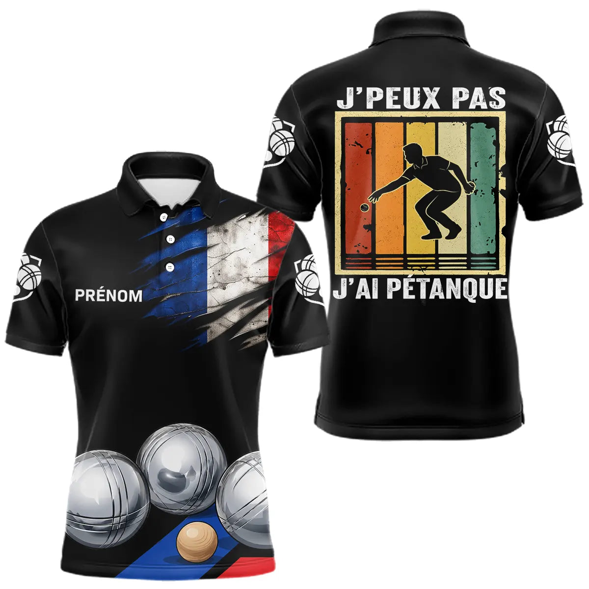 Polo Pétanque Noir Homme Femme - J'Ai Pétanque Drapeau Français - Polo Homme