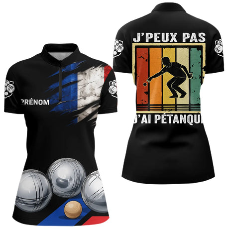 Polo Pétanque Noir Homme Femme - J'Ai Pétanque Drapeau Français - Polo Zippé Femme