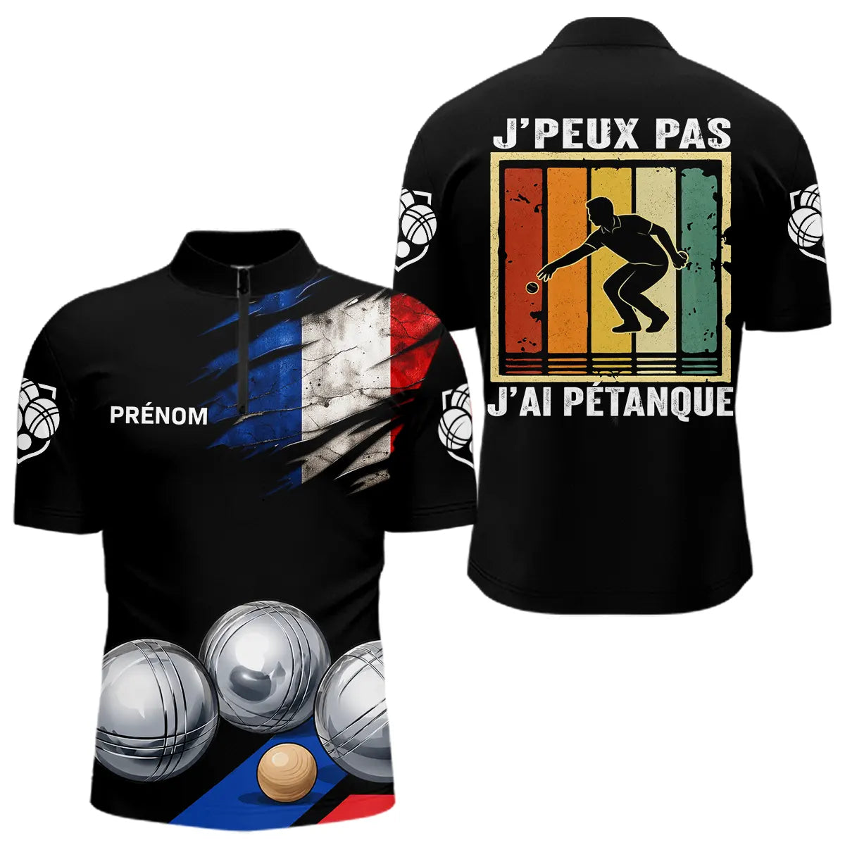 Polo Pétanque Noir Homme Femme - J'Ai Pétanque Drapeau Français - Polo Zippé Homme