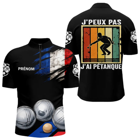 Polo Pétanque Noir Homme Femme - J'Ai Pétanque Drapeau Français - Polo Zippé Homme