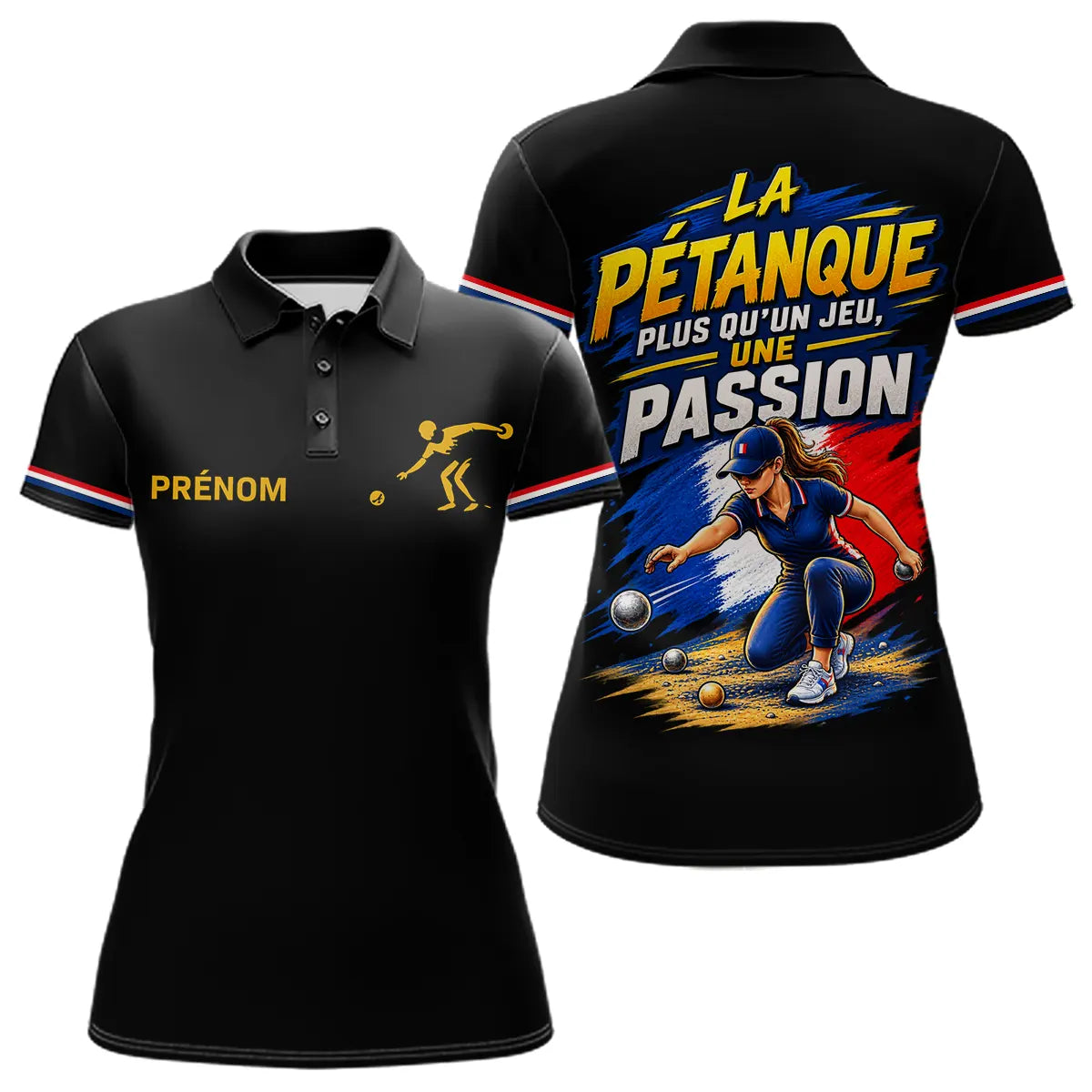Polo Pétanque Noir Homme Femme - Passion Drapeau Français - Polo Femme