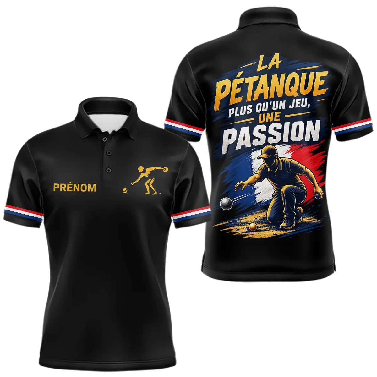 Polo Pétanque Noir Homme Femme - Passion Drapeau Français - Polo Homme