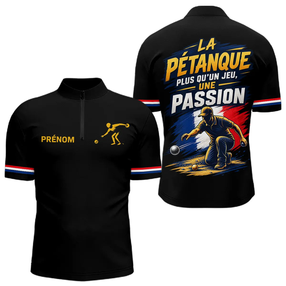 Polo Pétanque Noir Homme Femme - Passion Drapeau Français - Polo Zippé Homme