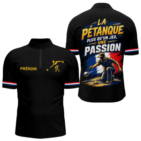 Polo Pétanque Noir Homme Femme - Passion Drapeau Français - Polo Zippé Homme