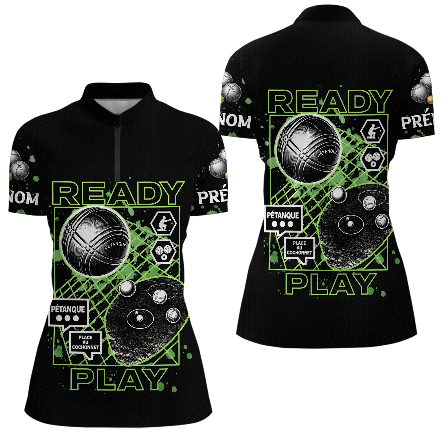 Polo Pétanque Noir Personnalisé - Collection Ready & Play - Polo Zippé Femme