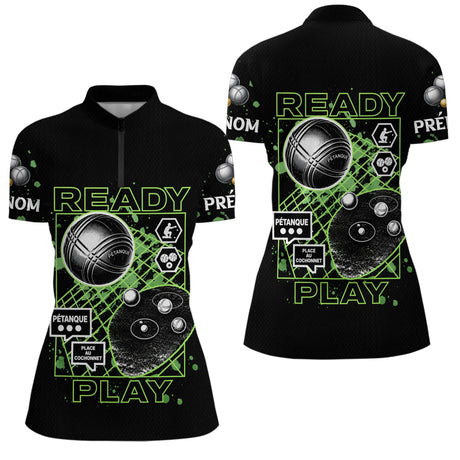Polo Pétanque Noir Personnalisé - Collection Ready & Play - Polo Zippé Femme