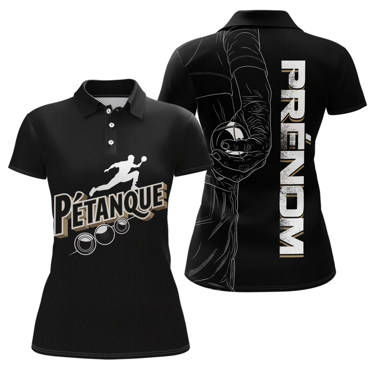 Polo Pétanque Noir Personnalisé - Design Main & Boules - Polo Femme