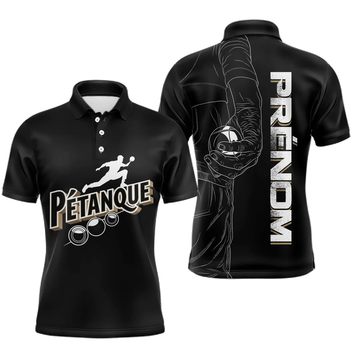 Polo Pétanque Noir Personnalisé - Design Main & Boules - Polo Homme